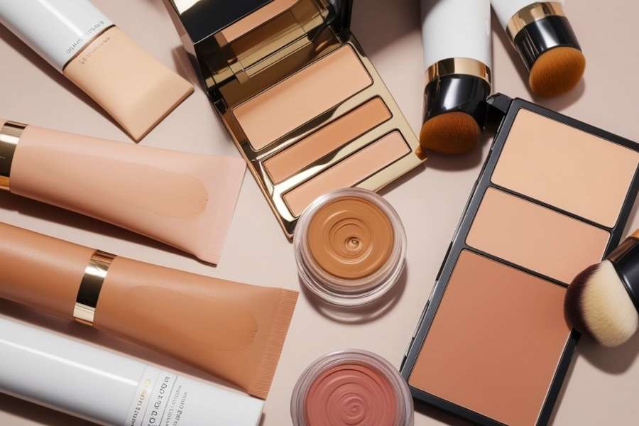 Un assortiment de produits de maquillage et de fond de teint disposés sur une surface claire.
